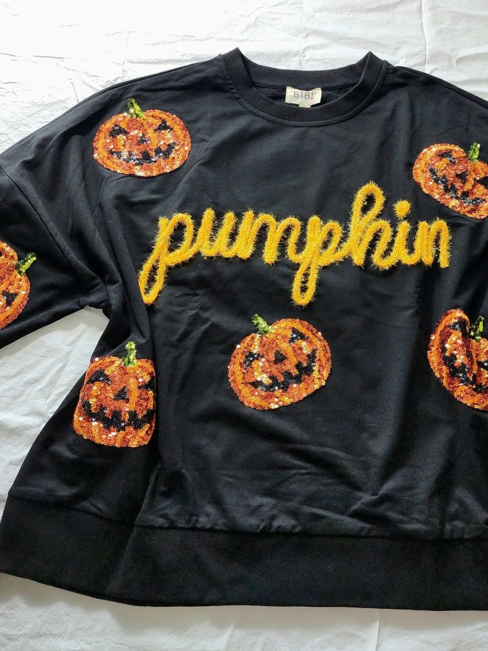 BIBI Black & Orange 'Pumpkin' Sequin Halloween Thin Long Sleeve 🎃 Small - Picture 11 of 11